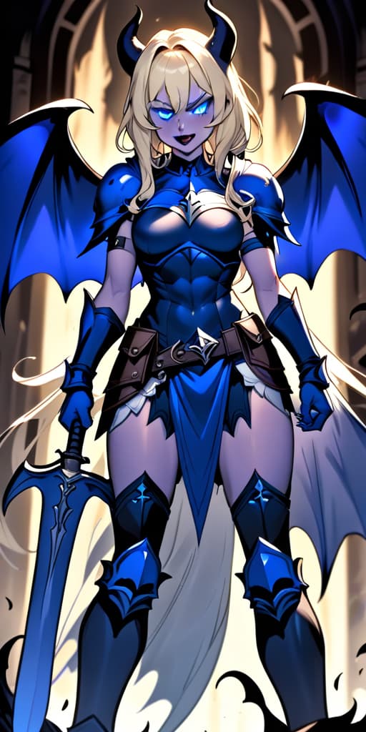  manga artwork female long ashen blonde hair dark blue crown with short horns large dark blue bat wings monster sword on right hand hand axe on left hand dominating pose white glowing eyes dark blue rib cage chest armor dark lipstick half body image battlefield. manga artist. manga, highly emotional. best quality, high resolution