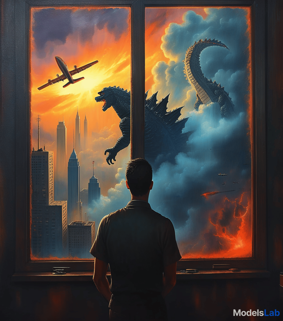  a surreal fantasy oil painting depicting a man standing in front of a window and looking at a post apocalyptic urban landscape with dark storm clouds hanging over his head. (flashes, reflections of fires, crimson orange glow:1.3). (godzilla catches a plane by the tail in the sky:1.6). a man's face is filled with fear and despair when he sees the destruction around him. (the setting of a nightmare:1.5). author: john martin, caspar david friedrich.