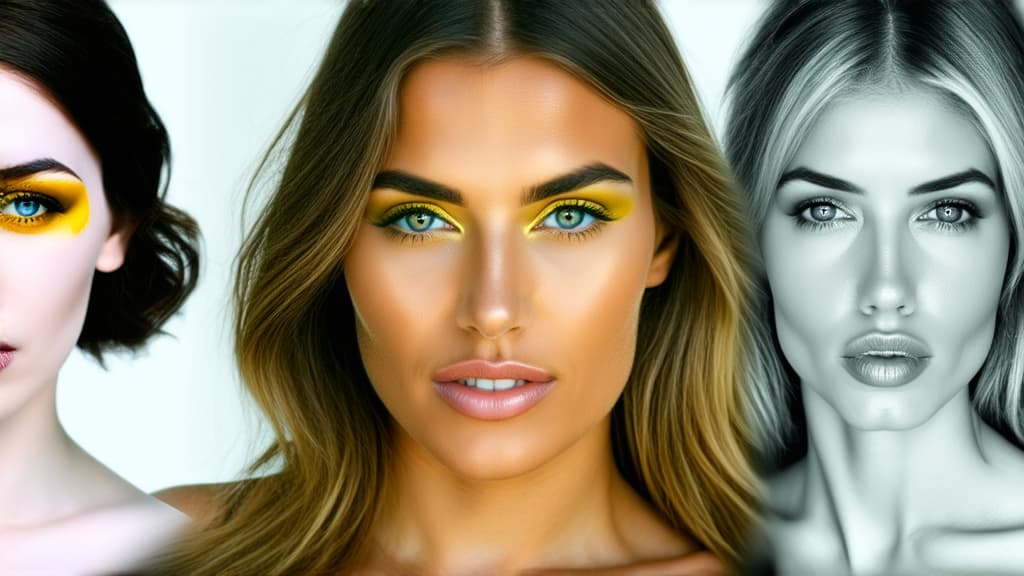  different beauty. set of different female heads with bright makeup on a light background. ar 16:9, (natural skin texture), highly detailed face, depth of field, hyperrealism, soft light, muted colors