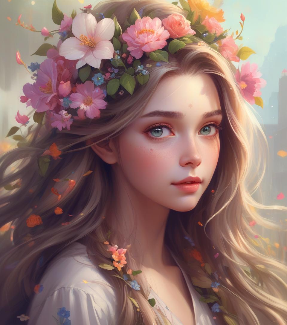  a girl with long hair and flowers in her hair, beautiful character painting, beautiful digital art, beautiful digital artwork, beautiful digital illustration, gorgeous digital art, beautiful digital painting, beautiful fantasy art portrait, fantasy art style, exquisite digital illustration, beautiful gorgeous digital art, gorgeous digital painting, very beautiful digital art, rossdraws digital painting, extremely detailed artgerm