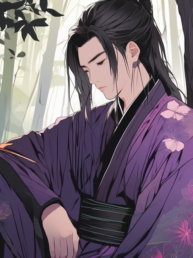  line art drawing chinese ancient man, long hair, purple robe, black sash, serious expression, forest setting, trees, pink petals, calmness, contemplation, deep in thought, handsome, sad mood, nature.long shot, wide angle lens, front view. highly detailed photo, sharp details, best quality, 4k, raw photo.. professional, sleek, modern, minimalist, graphic, line art, vector graphics