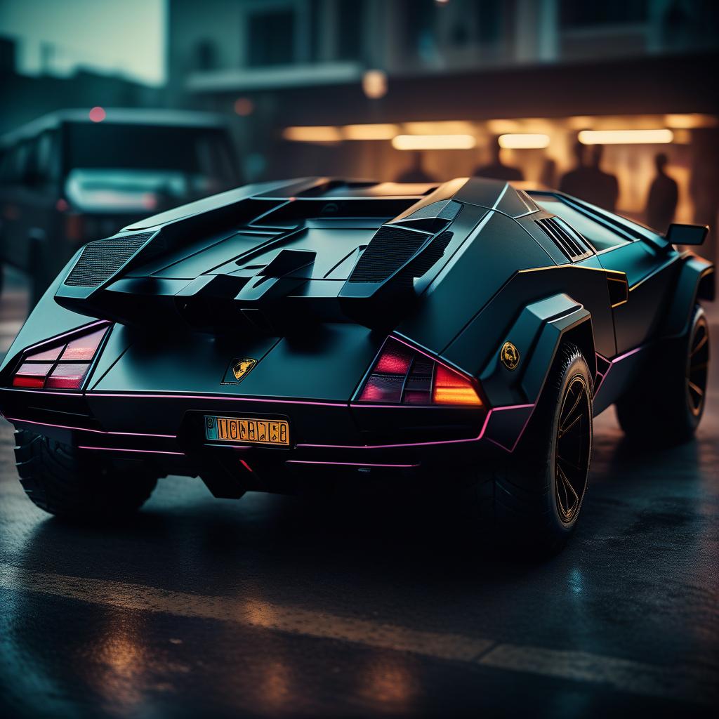  cinematic film still retro futuristic, black, brutal suv, externally reminiscent of the lamborghini countach. . shallow depth of field, vignette, highly detailed, high budget, bokeh, cinemascope, moody, epic, gorgeous, film grain, grainy