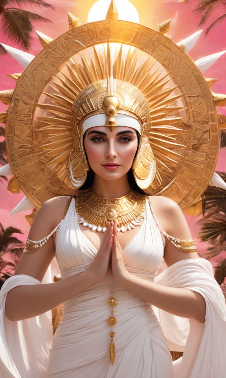  concept art color pink, white, black, gold cleopatra holds a huge sun in her hands . digital artwork, illustrative, painterly, matte painting, highly detailed, perfect hands