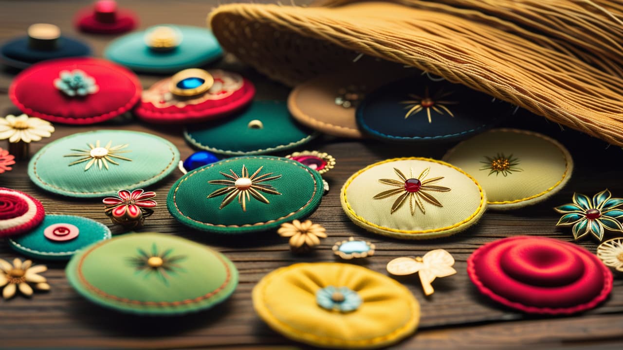  a close up of vintage clothing labels, intricate patterns, and unique stitching on fabric, surrounded by a variety of accessories like brooches and hats, set against a softly lit, rustic wooden backdrop. hyperrealistic, full body, detailed clothing, highly detailed, cinematic lighting, stunningly beautiful, intricate, sharp focus, f/1. 8, 85mm, (centered image composition), (professionally color graded), ((bright soft diffused light)), volumetric fog, trending on instagram, trending on tumblr, HDR 4K, 8K