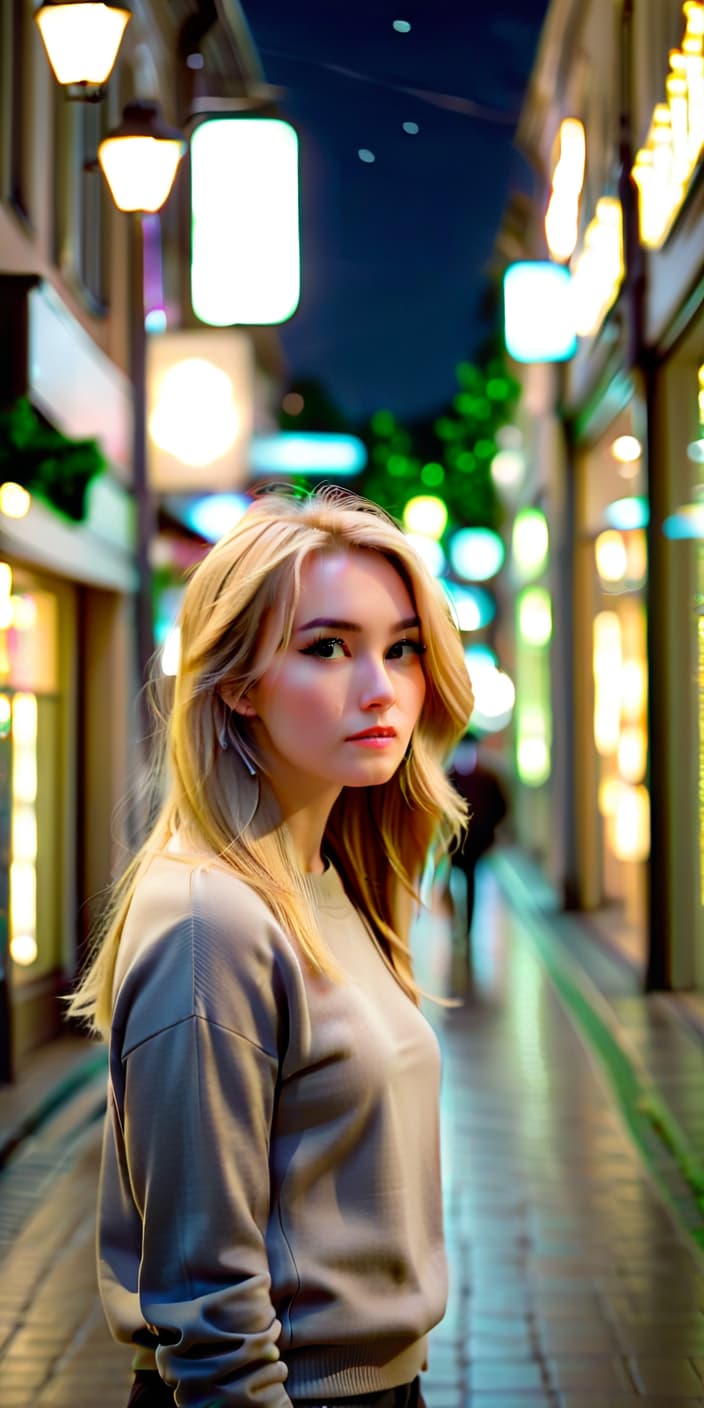  cinematic photo it's dark outside, it's late, two o'clock in the morning, the lights are dimmed, she: medium long blonde straight hair, in a sweater and trousers, runs along the shops turning the corner. he stands looking after her. . 35mm photograph, film, bokeh, professional, 4k, highly detailed, perfecteyes, perfect hands, film photography style