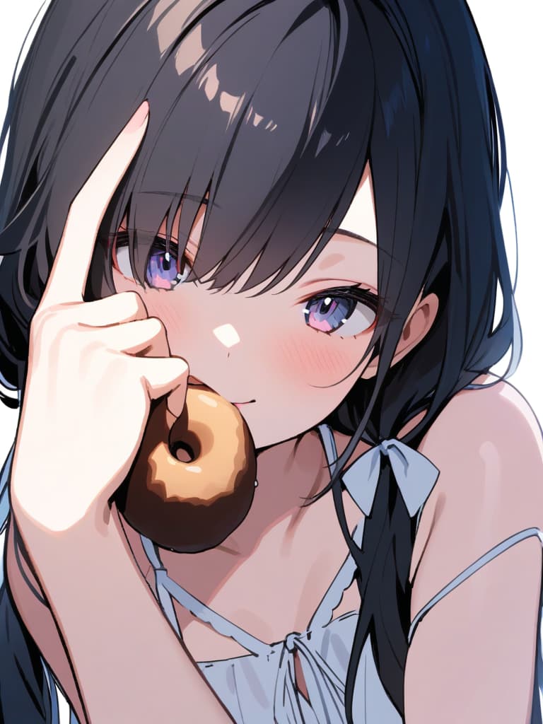  ultra detailed:1.2,masterpiece:1.2,best quality,masterpiece,bestquality,hdr:1.1,8k:1.1,very cute girl:1.3,(right hand up,holding small size donut:1.4),(reaching right hand at viewer :1.4)((eye peeking through the small size donut hole:1.8)),grin smile ,(close mouth:1.5),(tongue out:1.2),(frill sundress,ribbon strap:1.4),upper body:1.5,(face focus:1.4),(low twintail:1.5),(black hair:1.3),(white background color:1.4),ribbon choker:1.3,(head tilt:1.4),(looking at viewer:1.3)