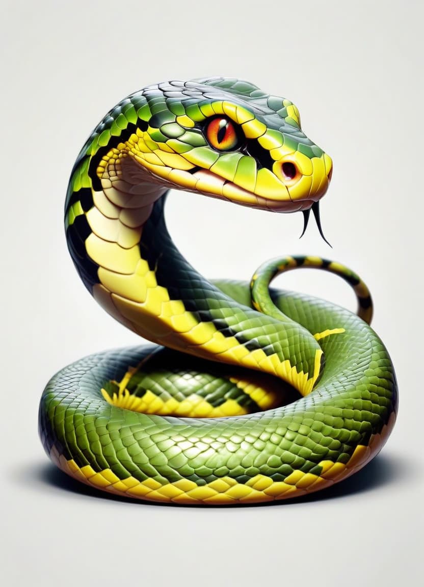  a dark green snake with detailed scaly skin and a piercing yellow eye sits like a full length statue so that it can be seen entirely, sticker