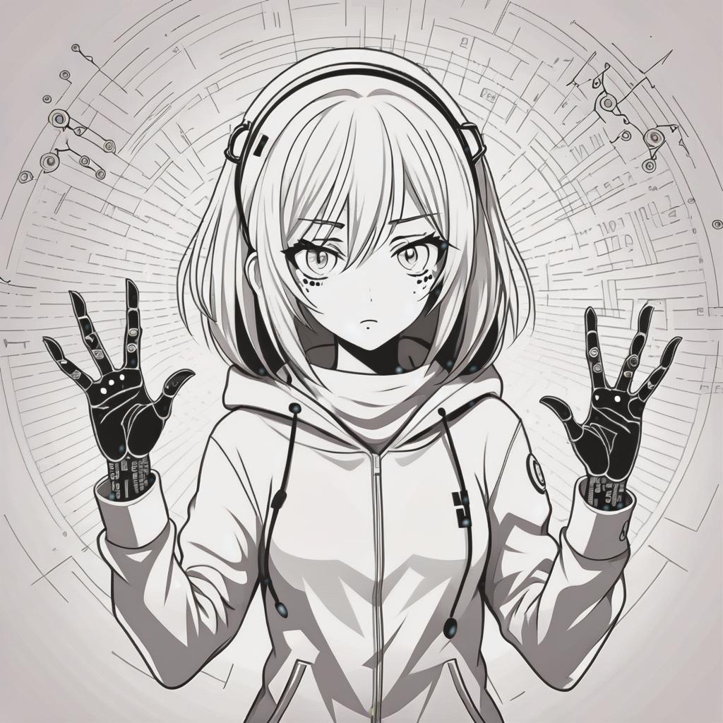  line art drawing hacker girl, implant hands, binary code around, same nightmare. anime style . professional, sleek, modern, minimalist, graphic, line art, vector graphics