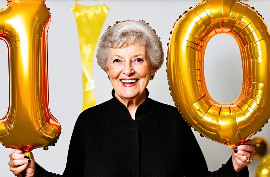  fashionable old woman holding foil balloons in the shape of "100" and smiling on her birthday ar 3:2, (natural skin texture), highly detailed face, depth of field, hyperrealism, soft light, muted colors