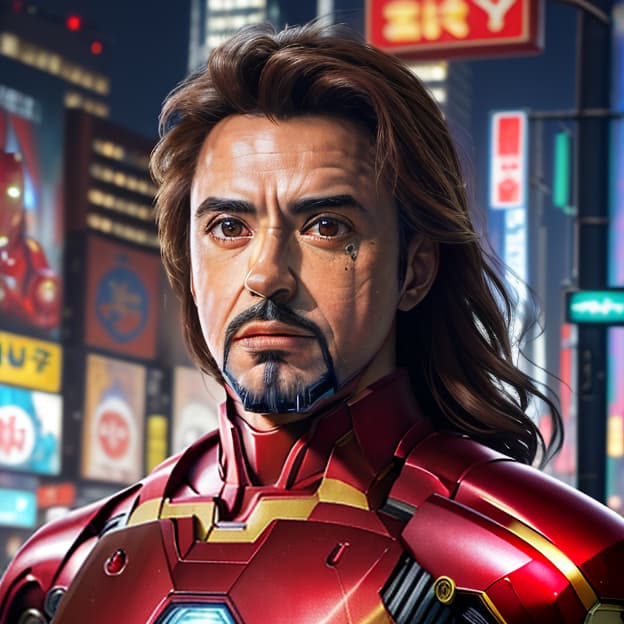  masterpiece, best quality, best quality, masterpiece, 8k resolution, realistic, highly detailed, close up of iron man. in a cyberpunk style night scene of the city, he stands on a street lined with tall buildings. the city's night lights are bright, the surrounding buildings and streets are filled with cyberpunk elements such as neon lights, high tech devices, and futuristic architectural designs.