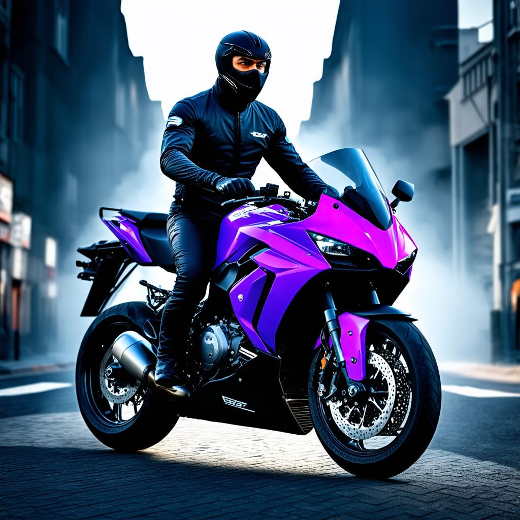  biker in a purple ninja 400. hyperrealistic, full body, detailed clothing, highly detailed, cinematic lighting, stunningly beautiful, intricate, sharp focus, f/1. 8, 85mm, (centered image composition), (professionally color graded), ((bright soft diffused light)), volumetric fog, trending on instagram, trending on tumblr, HDR 4K, 8K