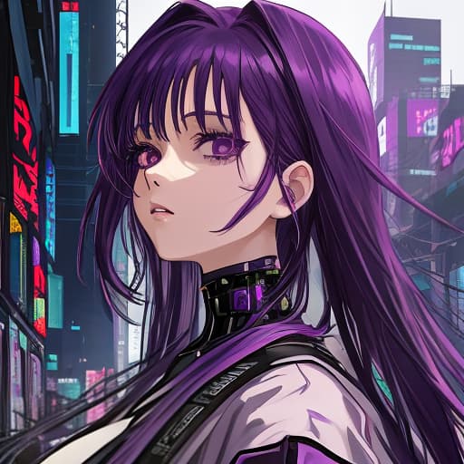  anime is beautiful with purple hair and black gles in a close up jersey, against the background of a cyberpunk city