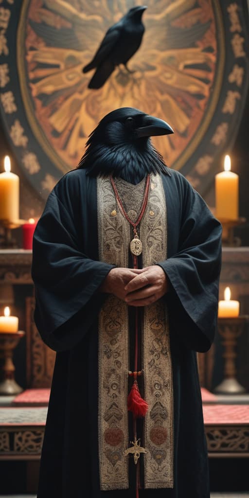  a crow man wearing a robe is holding a holy libram in his black crow hands while standing at an altar, high quality, high details, hd, perfect composition, 4k epic detailed, highly detailed, sharp focus, high resolution