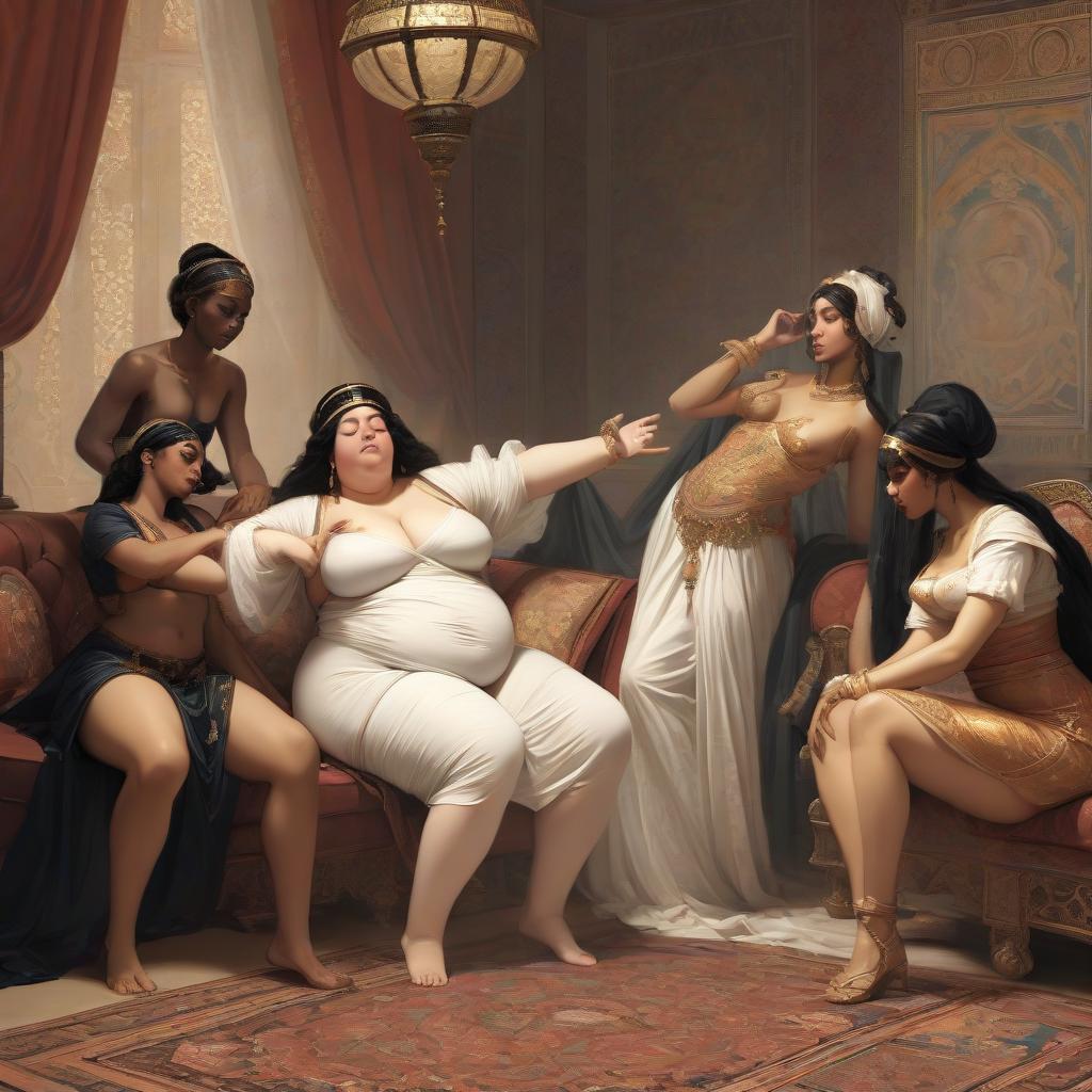  the fat odaliscus fainted in the harem and lies unconscious on the couch, and two black maids bent over her and brought her to her senses.