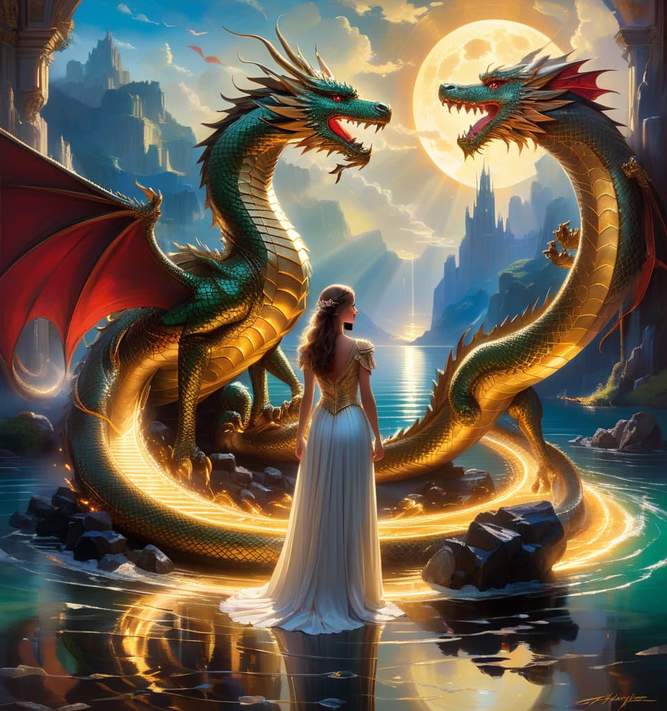  art deco style an intricate and detailed oil painting inspired by the works of john singer sargent and jan van eyck, depicting a girl standing on the shore of a lake with a majestic dragon flying in the background. the composition is filled with symbolism and hidden meanings, creating an intriguing narrative that the audience will have to unravel. the use of rich colors and textures gives the work depth, making it truly mesmerizing. this masterpiece is sure to be admired by art lovers all over the world. . geometric shapes, bold colors, luxurious, elegant, decorative, symmetrical, ornate, detailed, hkmagic, glowneon