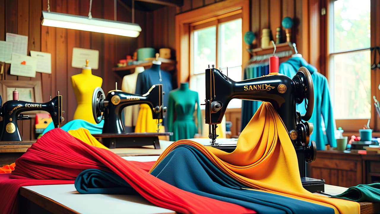  a vibrant workshop scene with colorful fabric scraps, sewing machines, and hands transforming old garments into new designs, surrounded by creative tools, patterns, and a lively atmosphere of innovation and sustainability. hyperrealistic, full body, detailed clothing, highly detailed, cinematic lighting, stunningly beautiful, intricate, sharp focus, f/1. 8, 85mm, (centered image composition), (professionally color graded), ((bright soft diffused light)), volumetric fog, trending on instagram, trending on tumblr, HDR 4K, 8K