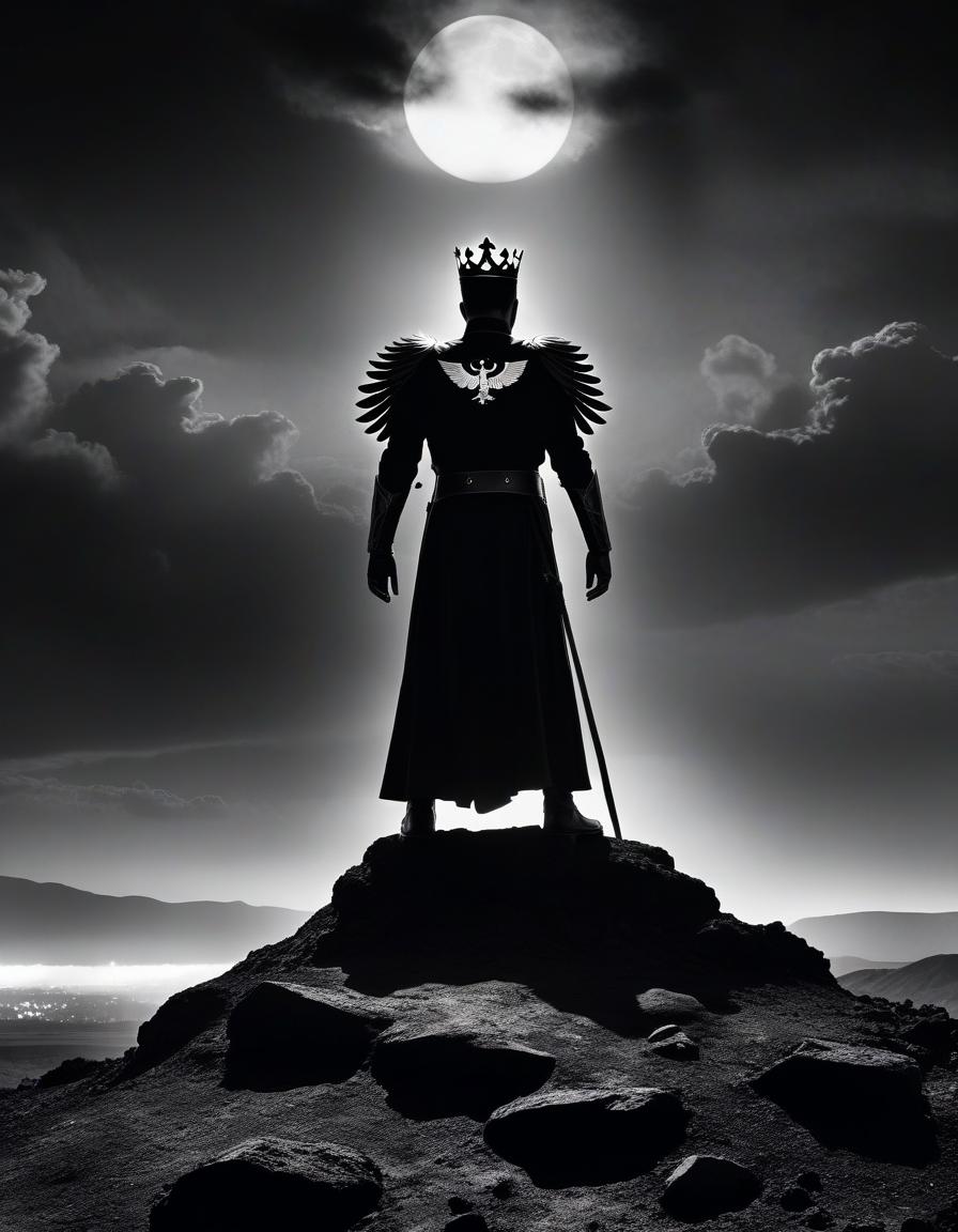  film noir style lucifer on his knees, four wings, with white skin, in black armor and a crown, looks at the sky, cries fire, fiery tears, stands on a rock, around the wasteland, the fiery sky. . monochrome, high contrast, dramatic shadows, 1940s style, mysterious, cinematic