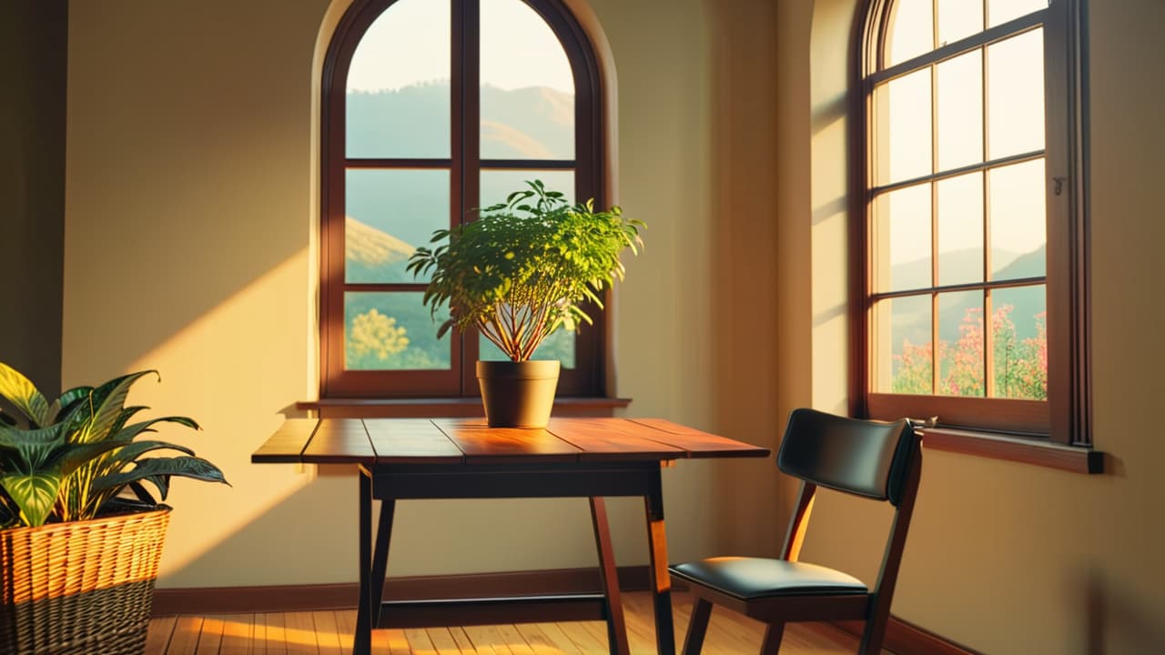  a serene, uncluttered room with natural light, featuring a simple wooden table, a single chair, a potted plant, and a large window overlooking a peaceful landscape, embodying calmness and simplicity. hyperrealistic, full body, detailed clothing, highly detailed, cinematic lighting, stunningly beautiful, intricate, sharp focus, f/1. 8, 85mm, (centered image composition), (professionally color graded), ((bright soft diffused light)), volumetric fog, trending on instagram, trending on tumblr, HDR 4K, 8K