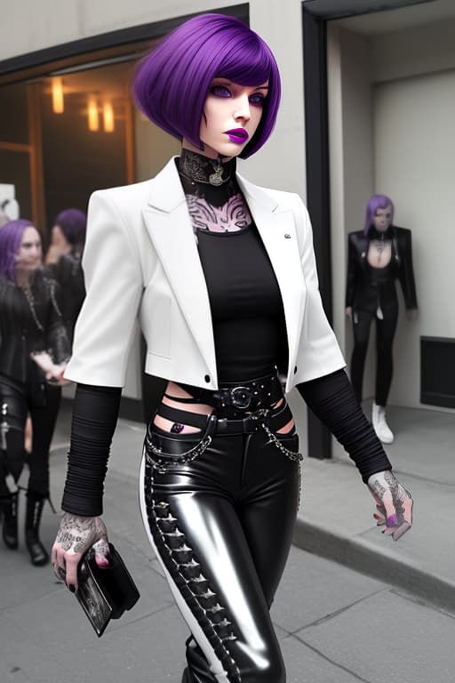   with purple hair, cascade bob haircut. white with shoulder pad, tattoos on arms. celets, black pants, black boots, metal rocker chick