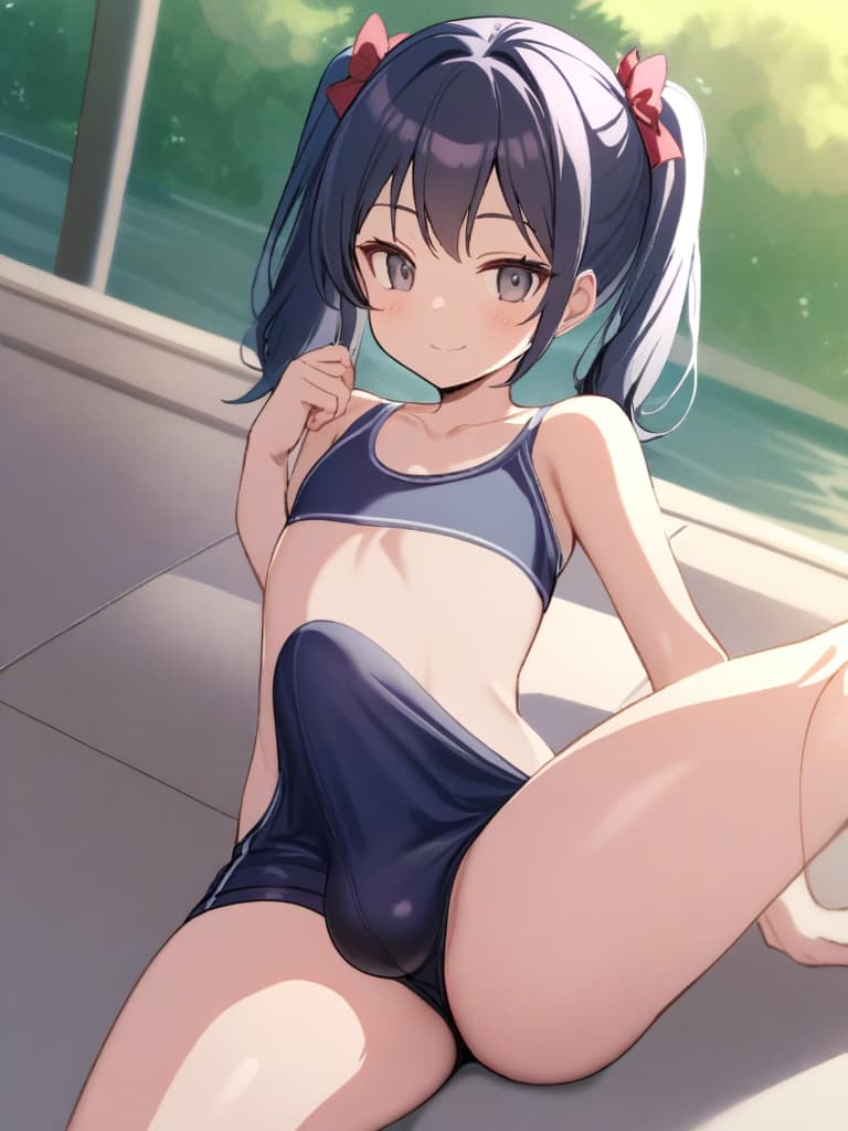  women's elementary students (male), twin tails, cute smiles, (rich s), low stature, dark blue swimwear, old swimwear, , simple (upward), male , (bulge), shaped clear , front , whole body, pool side,