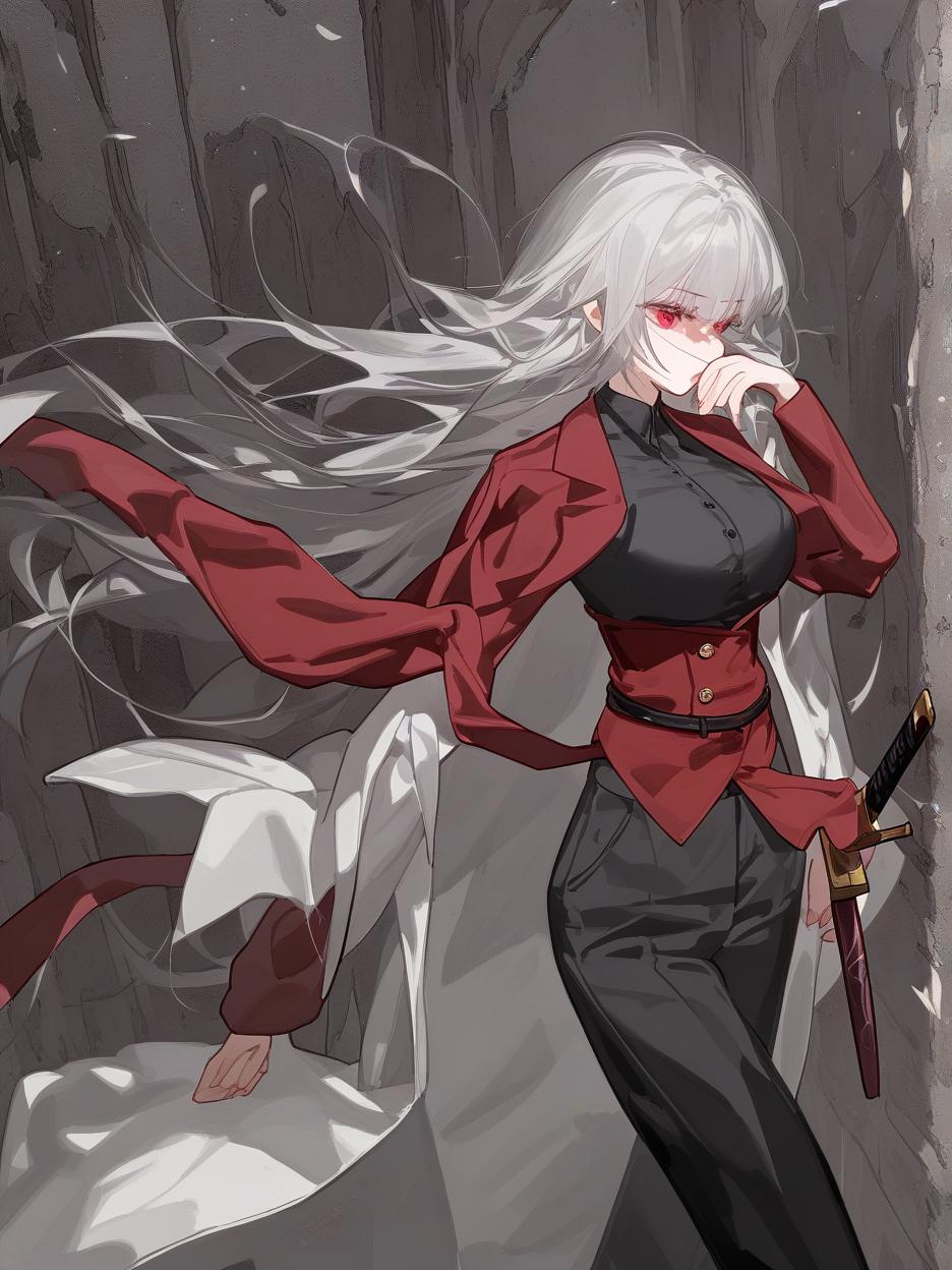  create for me a character with anime manga art. a woman with long, frayed silver hair, which even covers her face. she has deep, lifeless red eyes resembling wine. she wears dark dress pants. a red dress shirt with buttons on its front seam, two thin belts under its bust. a light gray lab coat on the shoulders. she walks around with two katanas around her waist. . best quality, high resolution