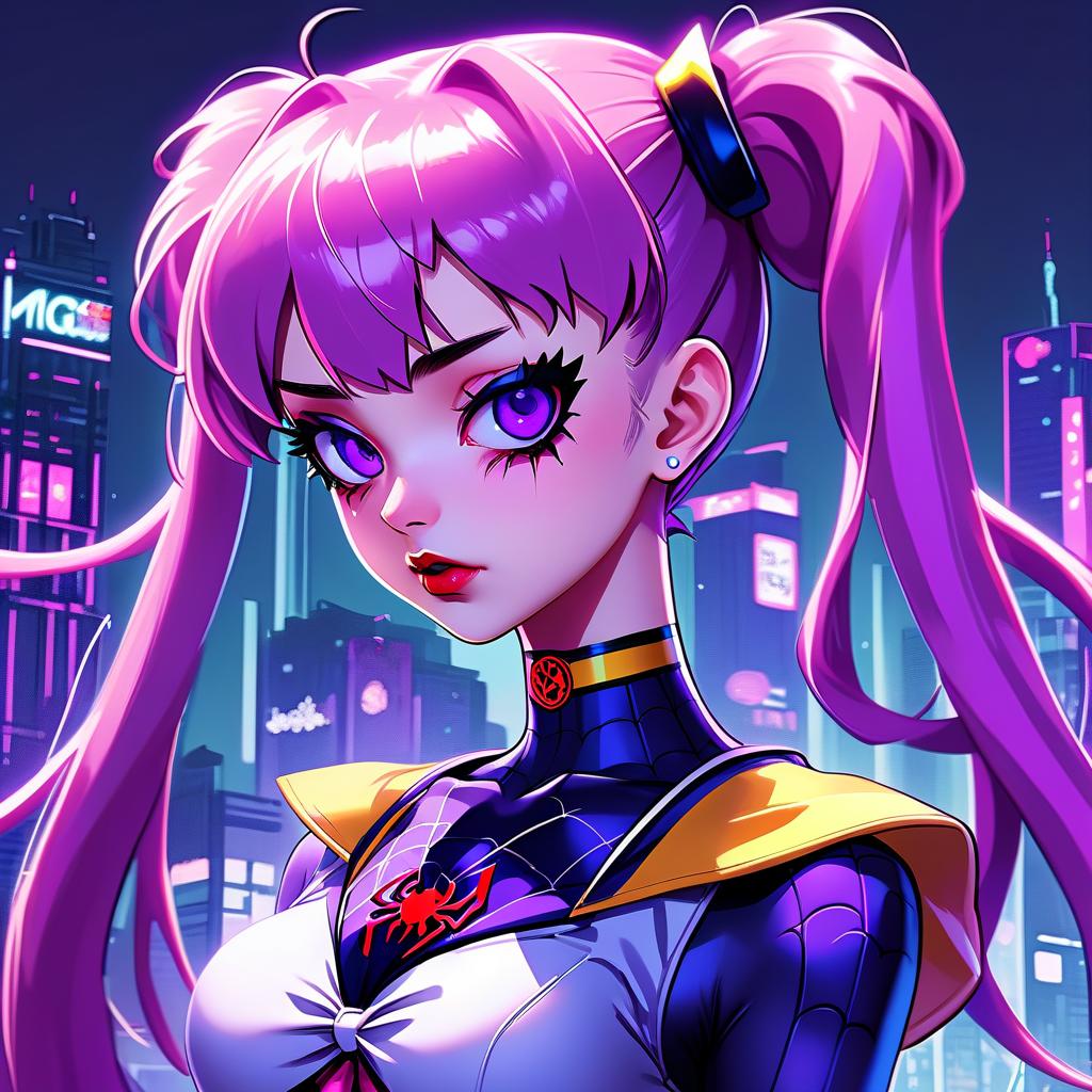  anime artwork gothic style, anime, girl with purple hair, one ponytail on her head, sailor moon costume, gwen stacey costume, spider, spider man, cyberpunk, neon, gothic makeup, frowny face . anime style, key visual, vibrant, studio anime, highly detailed, hkmagic