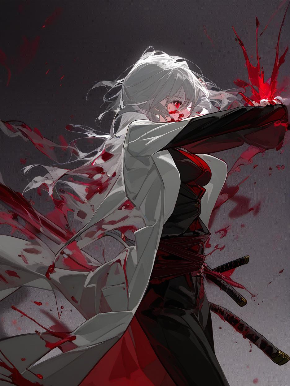  create for me a character with anime manga art. a woman with long, frayed silver hair, which even covers her face. she has deep, lifeless red eyes resembling wine. she wears dark dress pants. a red dress shirt with buttons on its front seam, two thin belts under its bust. a light gray lab coat on the shoulders. she walks around with two katanas around her waist. she´s in combat pose. darker theme, dark background, alot of blood . best quality, high resolution