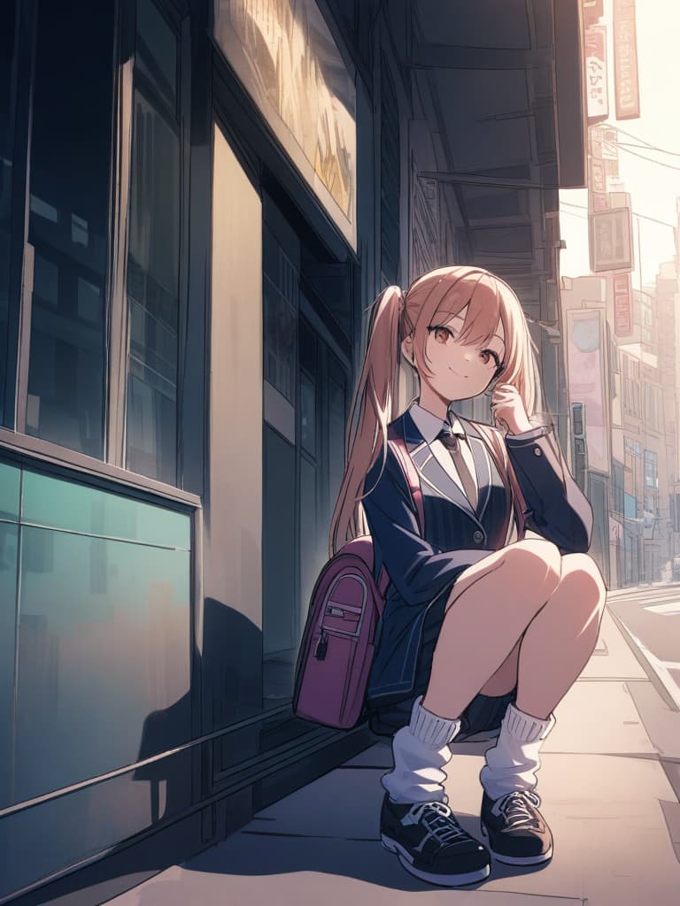  junior high s, blazer, tie, mini s, twin tails, cute smiles, backpacks, ultra long loose socks, bottom sneakers, city landscape,