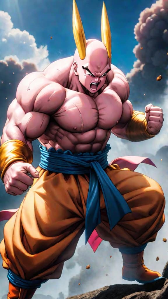  anime art: majin buu stands victorious, showcasing his formidable power over goten and trunks. hyperrealistic, full body, detailed clothing, highly detailed, cinematic lighting, stunningly beautiful, intricate, sharp focus, f/1. 8, 85mm, (centered image composition), (professionally color graded), ((bright soft diffused light)), volumetric fog, trending on instagram, trending on tumblr, HDR 4K, 8K