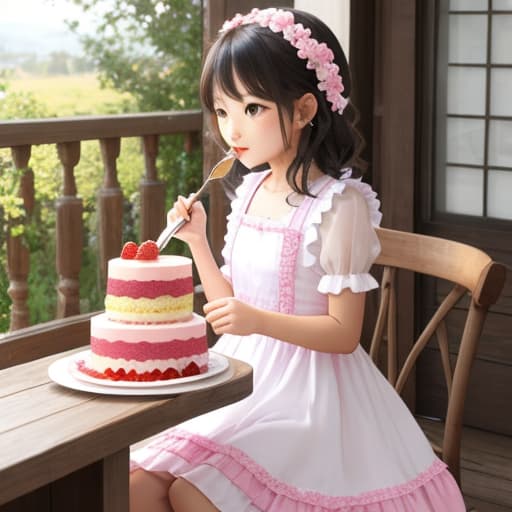  Girl in feminine dress eating cake Girl Cute