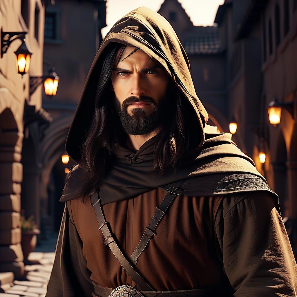  fantasy art, a frame on the face of the character, a man of 2s, lean build, long black hair and beard, simple brown clothes commoners of the middle ages, a hood to remove, a shabby black cloak on one shoulder, against the background of a street of a nightly ancient sumerian city, lighting