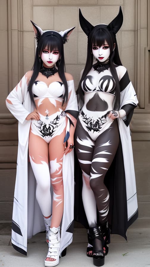  White bat pattern body paint in every corner of the body, Black body paint all over the body, Grey face paint on the face, Two dark elf sisters, full body image 女性