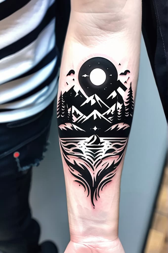  golden ratio fibbonochi pattern tattoo with trees, mountains, and waves inside , (tattoo:1.15), black and white style, hq, hightly detailed, 4k