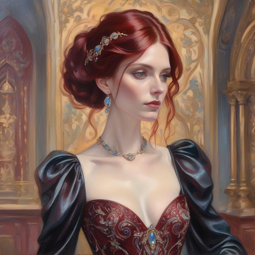  dark red haired woman, bejeweled ornate iridescent gown, elegant gothic style palace, oil painting, impressionist style