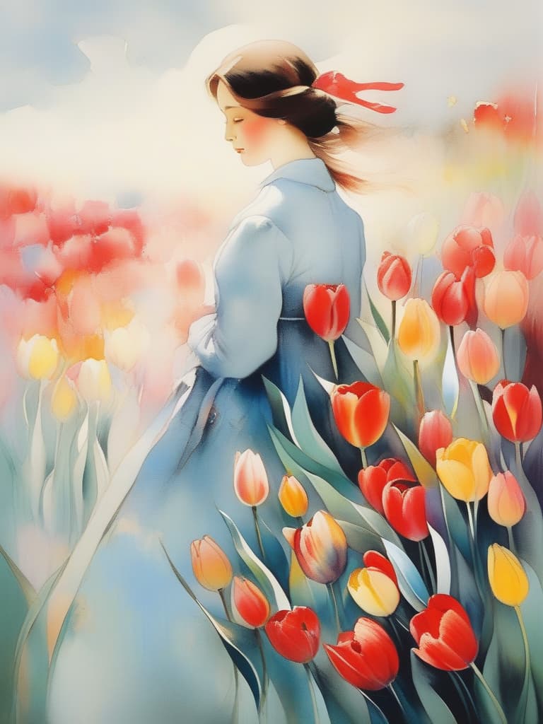  masterpiece,a girl,metamorphose,colorful tulips