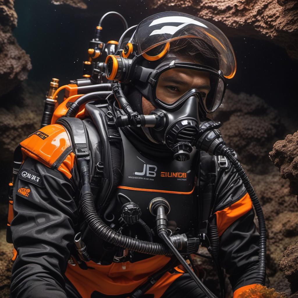  jb name, male, rebreather diver, thick loops, helmet in orange, cave diver, underwater, face view diver, fresh water, shoulder view, jb, mythological style