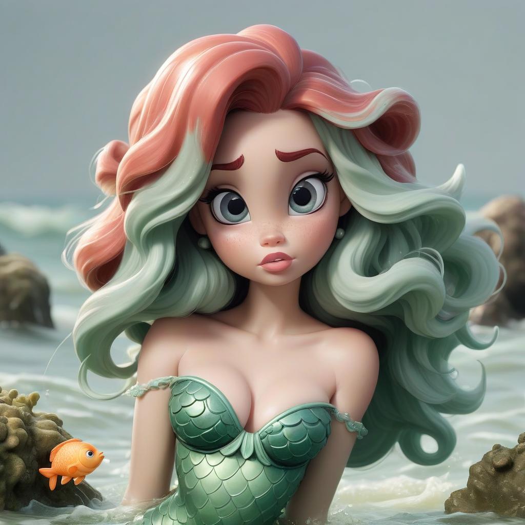  little mermaid, siren. full height. nice face, plump cheeks, plump lips, big eyes. hair is a sea wave, algae. lira in hand. white background.