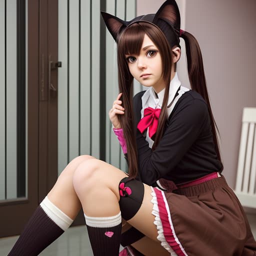  (--Style Photoralism, 500 xp) there is a woman a with a cat tail, age female , , hot , , long pigtail, zettai ryouiki, beautiful alluring anime , dressed as , with dark brown hair, with cat ears, , wearing and high socks, pigtail