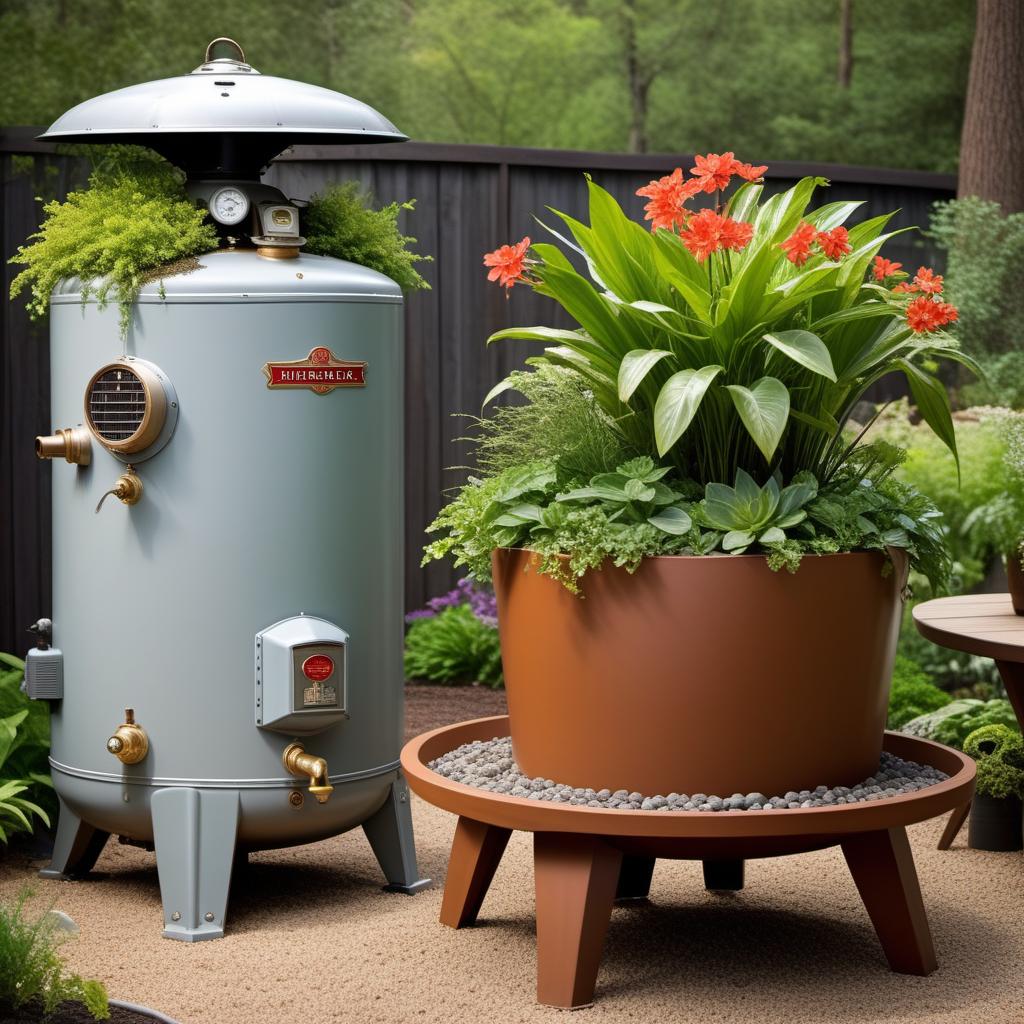  A variety of creative water heater planter designs, showcasing old water heaters repurposed into beautiful garden planters. The images should include different styles such as rustic, modern, and artistic, with various plants and flowers growing from them. Include examples in different settings like backyards, patios, and garden spaces. hyperrealistic, full body, detailed clothing, highly detailed, cinematic lighting, stunningly beautiful, intricate, sharp focus, f/1. 8, 85mm, (centered image composition), (professionally color graded), ((bright soft diffused light)), volumetric fog, trending on instagram, trending on tumblr, HDR 4K, 8K