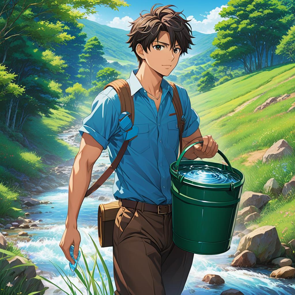  ### scene 1: fetching water **description**: “a anime style character is set in a vibrant countryside scene. a young man leaving showing his back holding with each hand a wooden bucket full with water. he wears a light blue shirt and brown pants.the landscape is with a serene stream flowing nearby under a clear blue sky.”, anime artwork, anime style, key visual, vibrant, studio anime, highly detailed