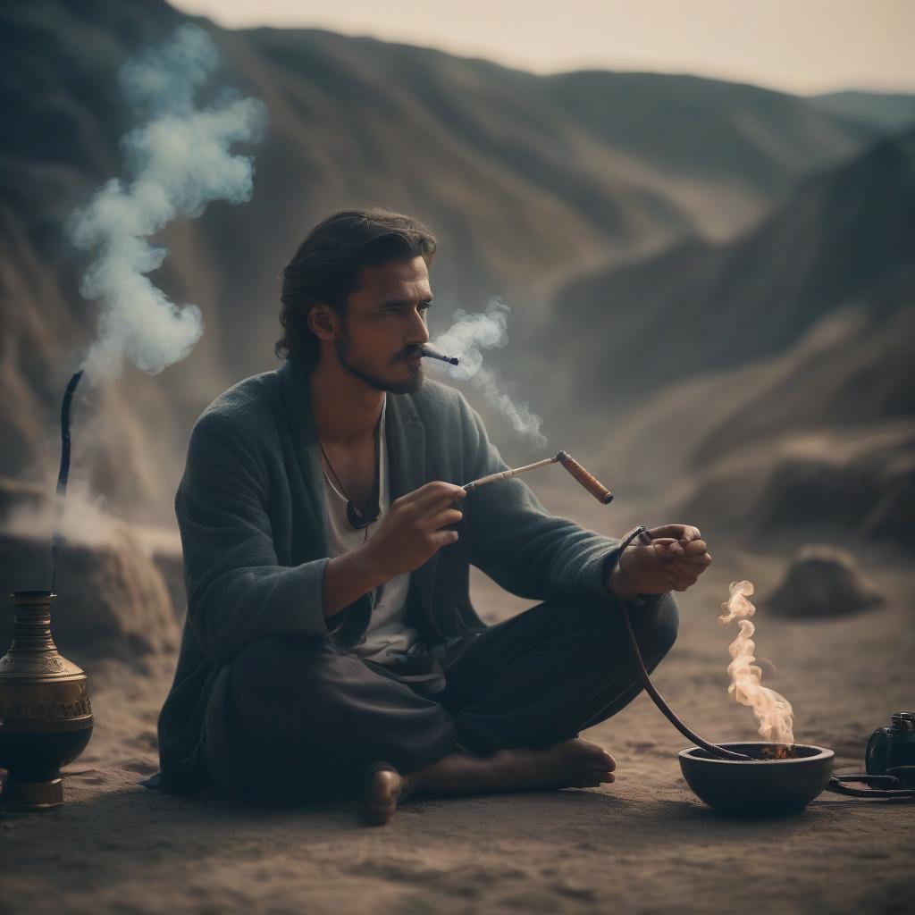  cinematic film still landscape, sitting man, smoking hookah, rest lesson, inscription: kyf . shallow depth of field, vignette, highly detailed, high budget, bokeh, cinemascope, moody, epic, gorgeous, film grain, grainy