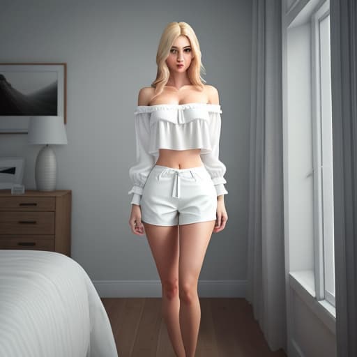  Blonde girl, white shorts, nothing else hyperrealistic, full body, detailed clothing, highly detailed, cinematic lighting, stunningly beautiful, intricate, sharp focus, f/1. 8, 85mm, (centered image composition), (professionally color graded), ((bright soft diffused light)), volumetric fog, trending on instagram, trending on tumblr, HDR 4K, 8K