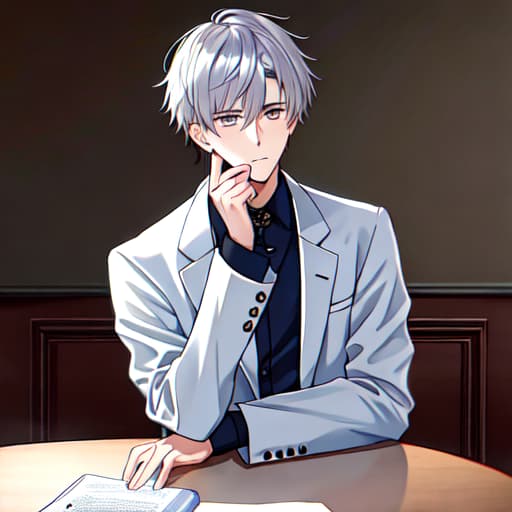  ((((masterpiece)))), best quality, very high resolution, ultra detailed, in frame, university student, male, silver hair, silver eyes, short hair, expressionless, handsome, serious, young man, cool, stylish, smart, sophisticated, elegant, confident, reserved, intellectual, sharp features