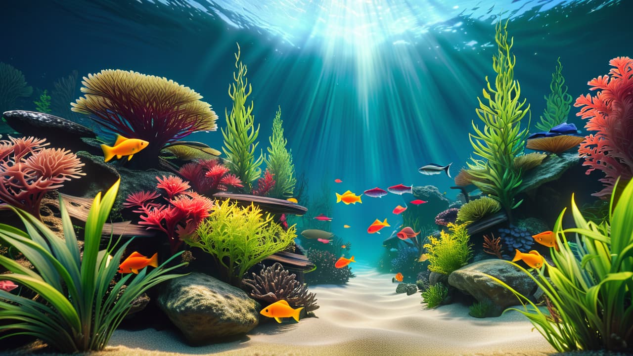  a vibrant aquarium scene featuring colorful fish swimming among lush aquatic plants, a serene underwater landscape with pebbles and driftwood, and gentle bubbles rising to the surface, evoking tranquility and the beauty of fishkeeping. hyperrealistic, full body, detailed clothing, highly detailed, cinematic lighting, stunningly beautiful, intricate, sharp focus, f/1. 8, 85mm, (centered image composition), (professionally color graded), ((bright soft diffused light)), volumetric fog, trending on instagram, trending on tumblr, HDR 4K, 8K