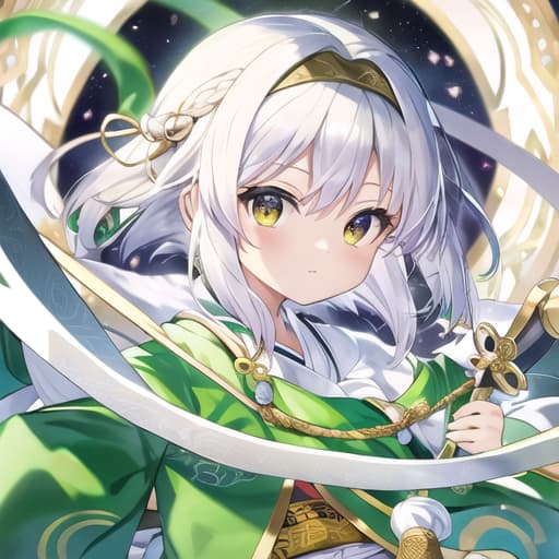  master piece , best quality,yomu soul haku yoku child face, white hair, green clothes, hair band, ribbons, two swords.