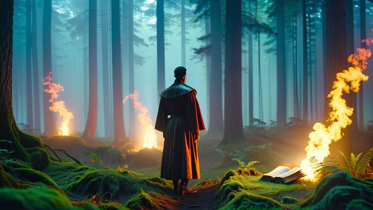  a shadowy figure in a dense, misty forest, clutching an ancient book, surrounded by glowing symbols and eerie, half hidden creatures peeking through the fog, creating an atmosphere of mystery and intrigue. hyperrealistic, full body, detailed clothing, highly detailed, cinematic lighting, stunningly beautiful, intricate, sharp focus, f/1. 8, 85mm, (centered image composition), (professionally color graded), ((bright soft diffused light)), volumetric fog, trending on instagram, trending on tumblr, HDR 4K, 8K