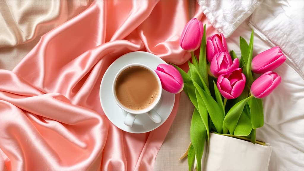  a cup of coffee and some pink tulips on a bed, romanticism, flowing salmon colored silk, pastel pink skin tone, beige, bed is not made, covered with blanket, with a white ar 16:9 {prompt}, maximum details