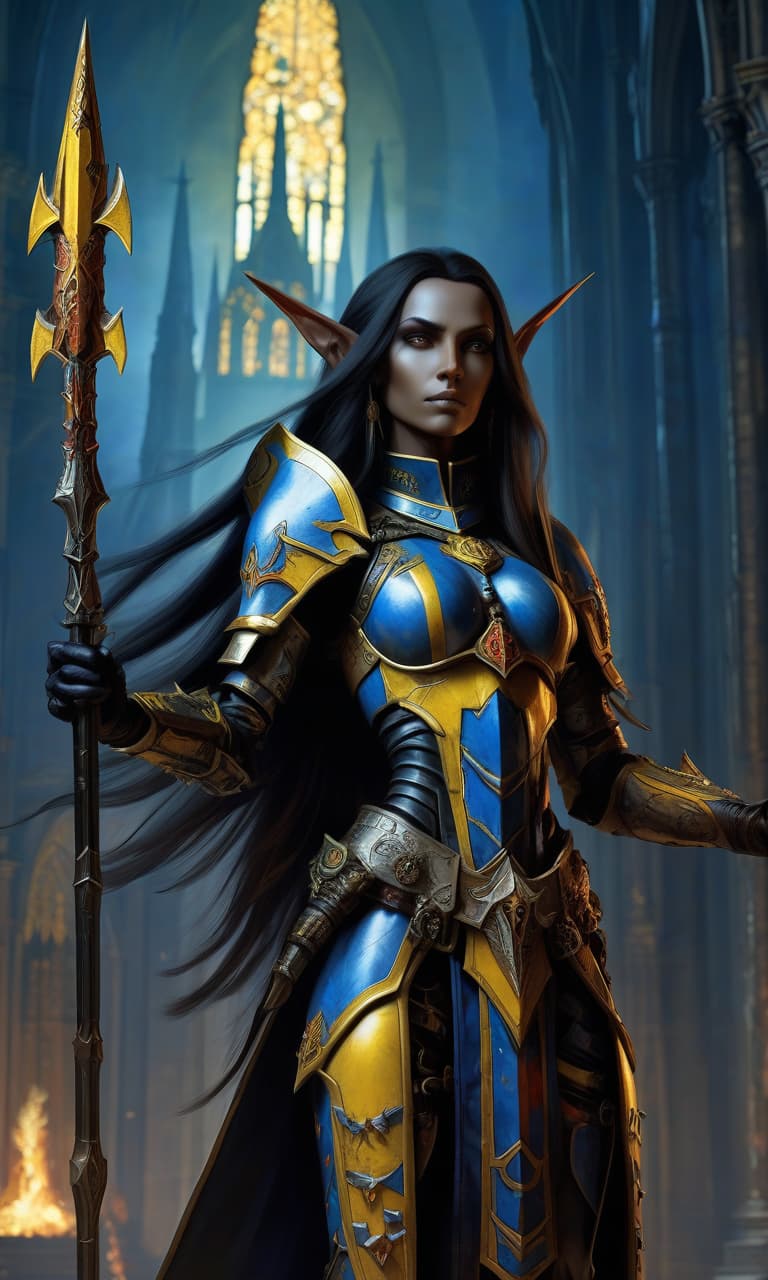  a warhammer 40000 eldar farseer female character in bone armor stands confidently with a spear in left hand. the armor features black and yellow, red gemstones, runes glowing blue. the character has a determined expression, long hair, and pointed elven ears the background is a catholic cathedral at dusk.