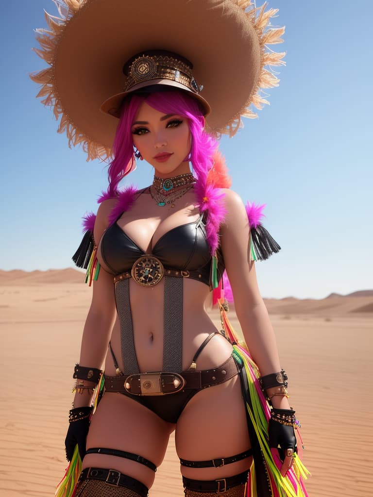  A medium, photo of a female influencer on the desert festival, dressed in a revealing rave outfit, decorated with fringe, bright outfit, steampunk style, daytime, desert background, sharp focus, cinematic, hd