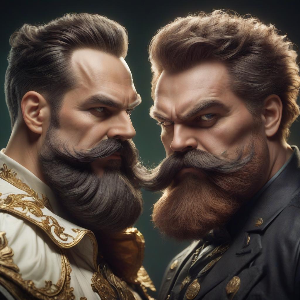  a man with a big mustache and a man with a big beard have joined forces and are fighting together vs cabbage king